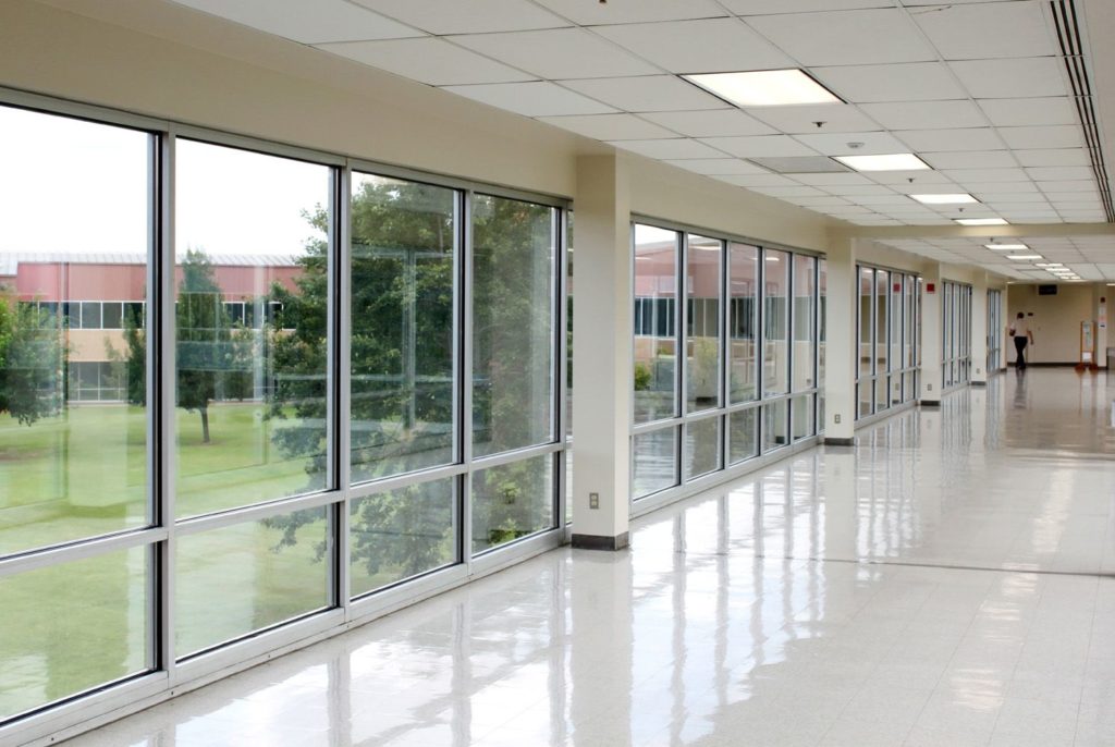 hospital hallway lined with windows