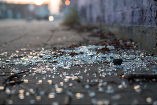 shattered glass on street