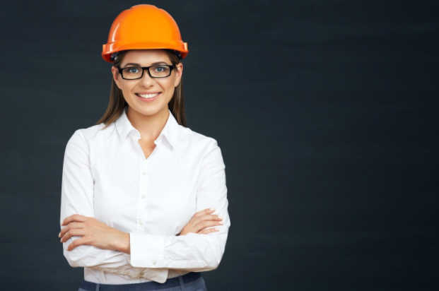 business woman wearing glasses and orange hard hat