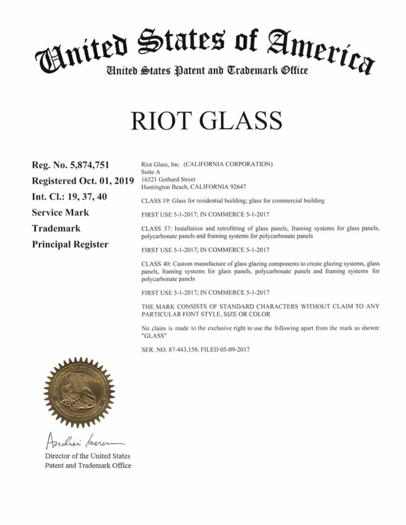 riot glass patent and trademark