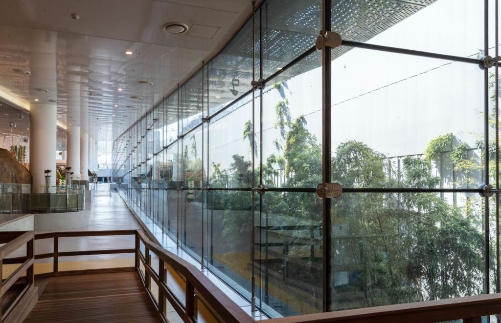 long panels of windows inside office building